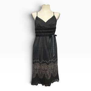 Ann Taylor Loft Midi Slip Dress Crossover Pintuck Velvet Bow Dress Black 2
